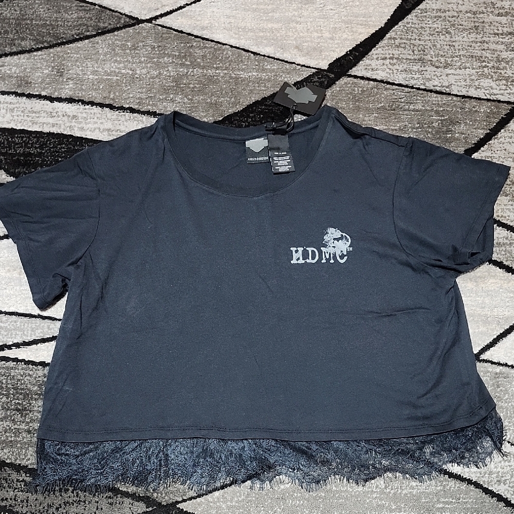 HARLEY DAVIDSON 2017 BLACK LACE-TRIM HDMC LOGO CROP TEE-SHIRT 2XL